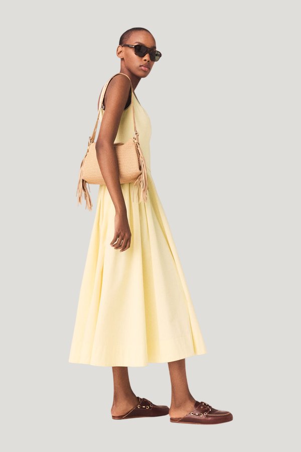 Flared rhinestone-trim midi dress — model side