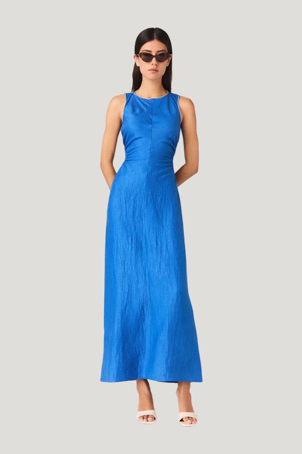 Backless Linen-Blend Midi Dress — model front