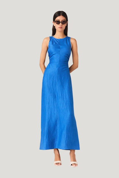 Backless Linen-Blend Midi Dress — model front
