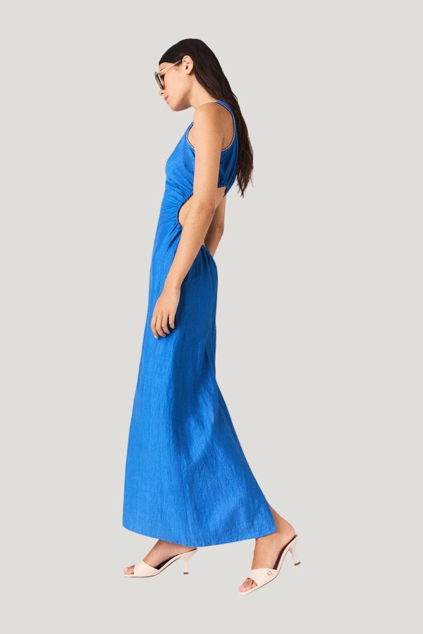 Backless Linen-Blend Midi Dress — model side