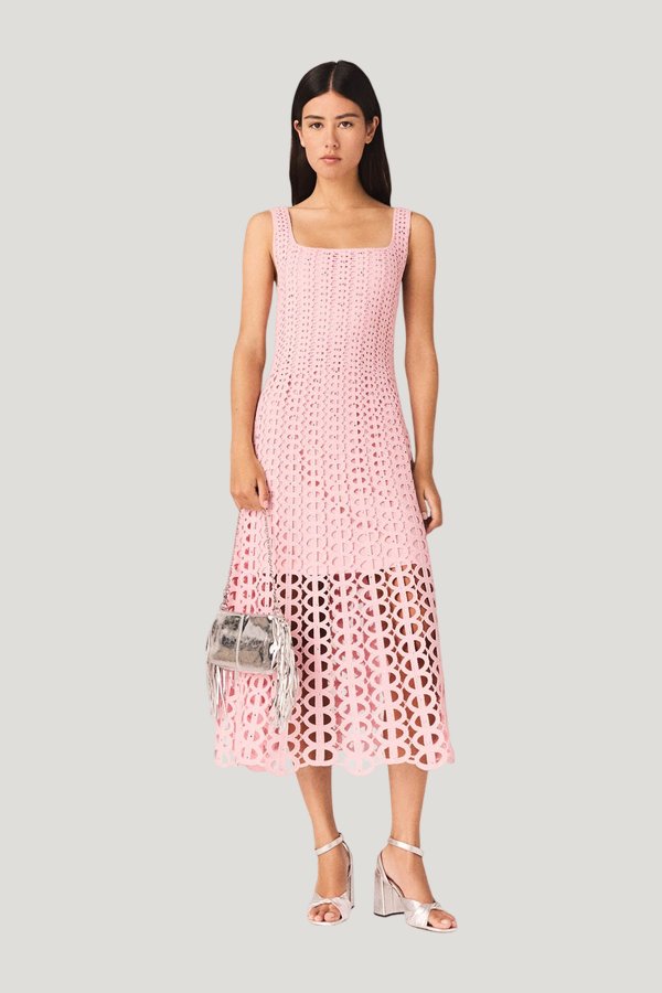 Rhinestone crochet midi dress — model front