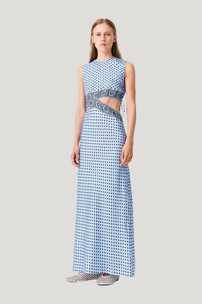 Patterned cutaway dress — model front