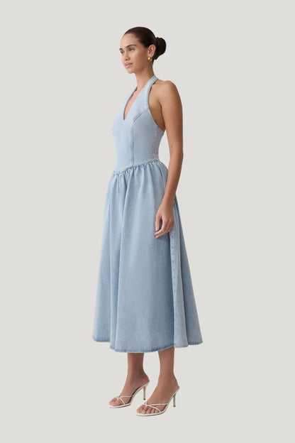 Miller Denim Halter Midi Dress - Classic — model side