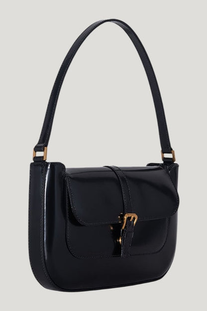 Miranda Black Semi Patent Leather Shoulder Bag — model front