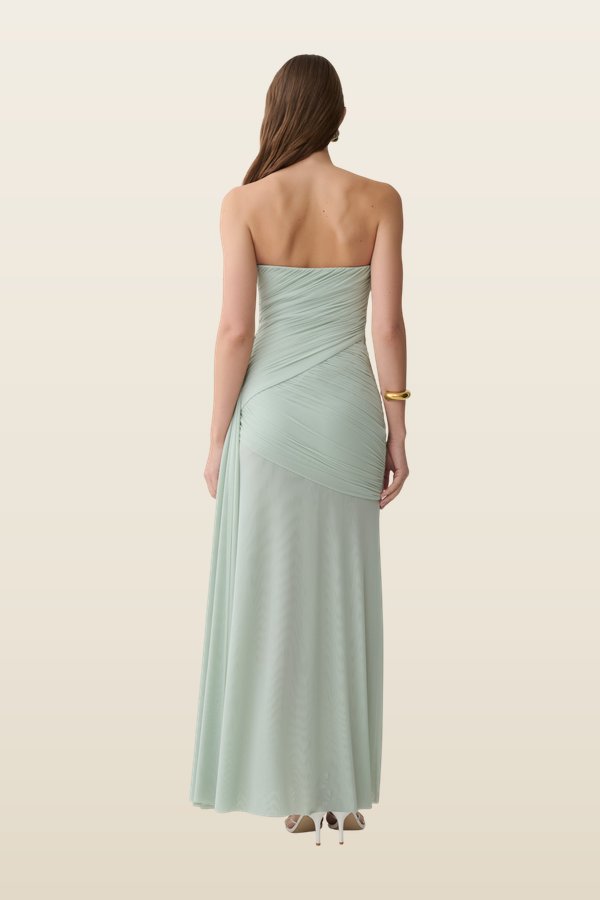 Monet Strapless Ruched Mesh Maxi Dress - Aqua — model back