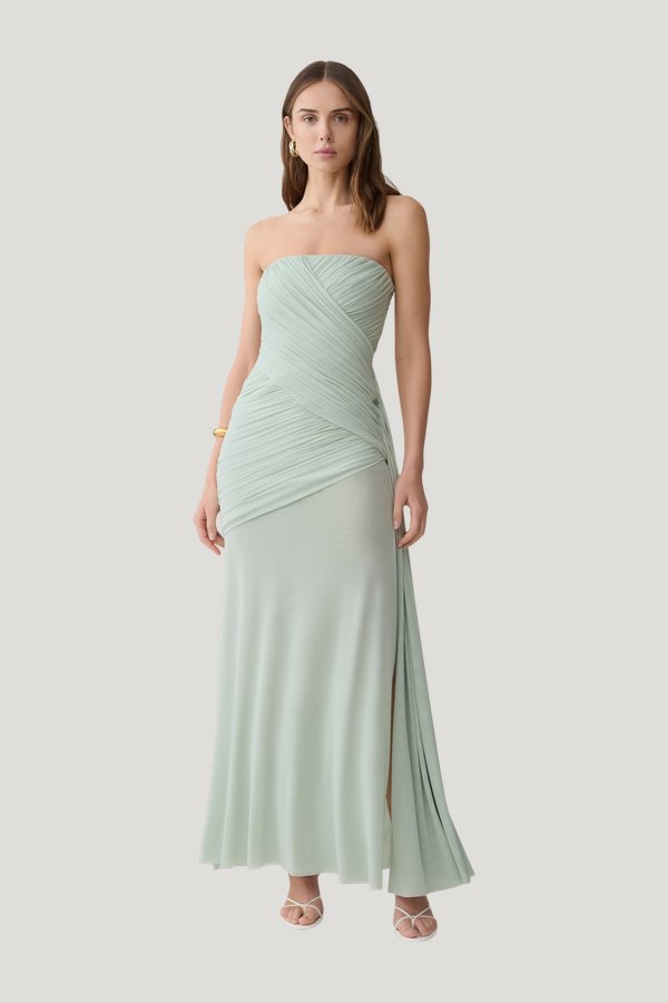 Monet Strapless Ruched Mesh Maxi Dress - Aqua — model front