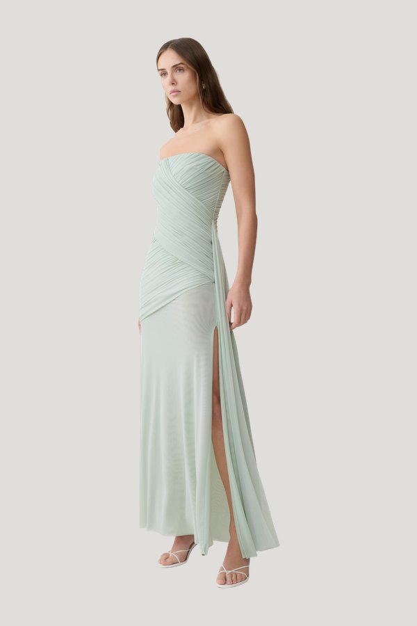 Monet Strapless Ruched Mesh Maxi Dress - Aqua — model side