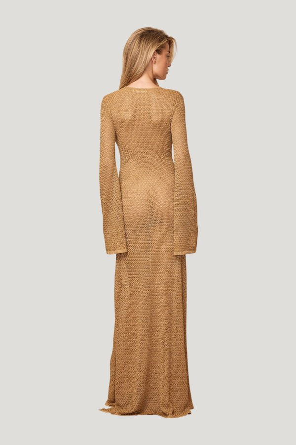Montego Dress - Antique Gold Lurex Lace Crochet — model side