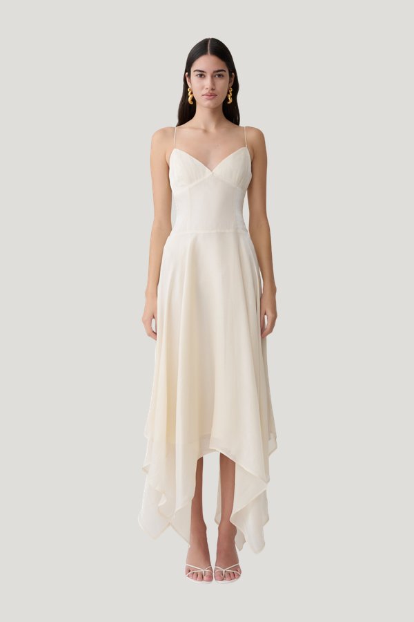 Naomi Satin Asymmetric Hem Maxi Dress — model front