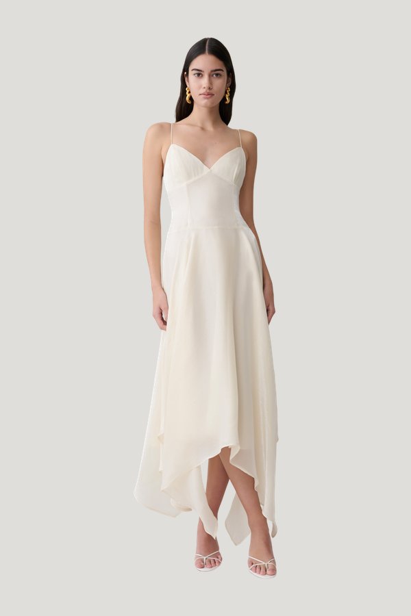 Naomi Satin Asymmetric Hem Maxi Dress — model side
