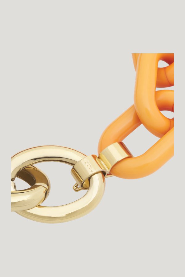 Orange and brown resin chain necklace — model side