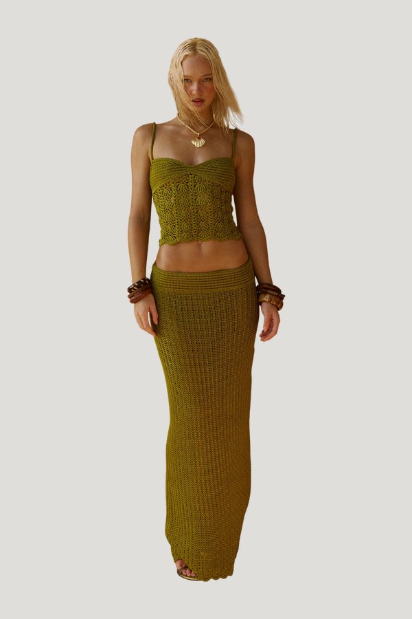 Nia Crochet Maxi Skirt in Paya — model front