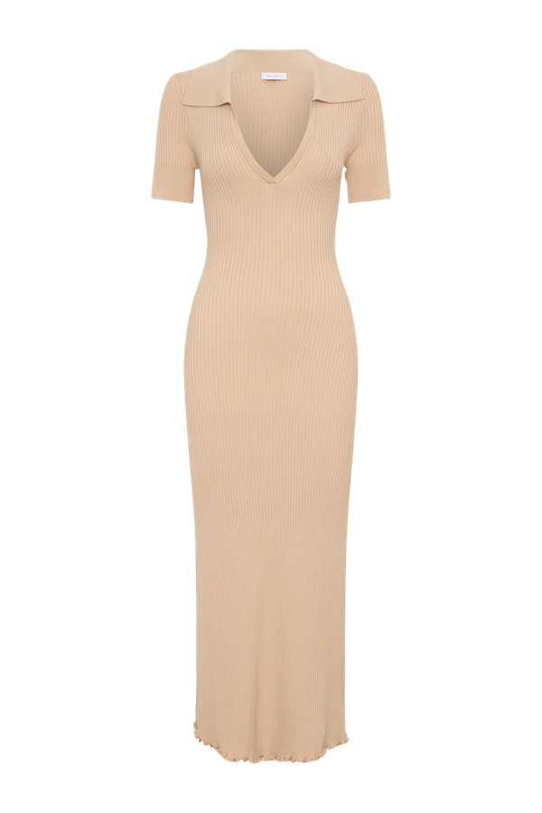Nichelle Short Sleeve Collared Knit Midi Dress - Natural — packshot