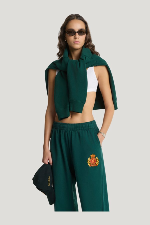 NY Crest Embroidered Wide Sweatpant - Forest — model side