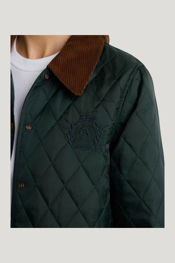 NY Crest Nylon Quilted Jacket - Forest/Tan — model side