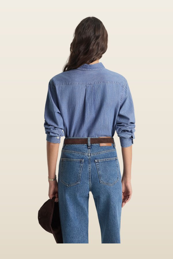 NY Crest Oversized Denim Shirt — model back