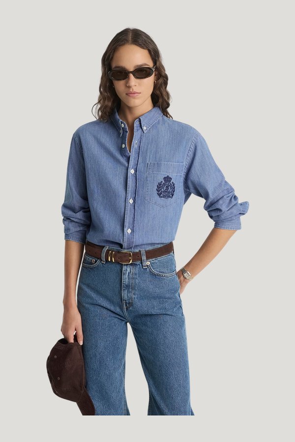 NY Crest Oversized Denim Shirt — model front