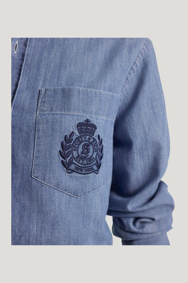 NY Crest Oversized Denim Shirt — model side