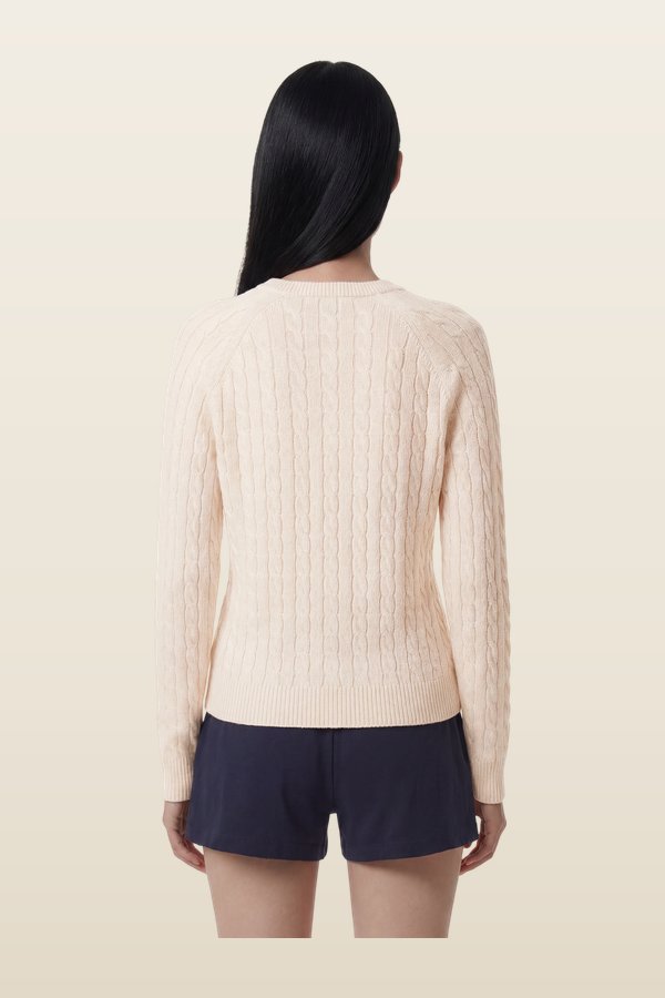 NY Crest V-Neck Cable Sweater — model back