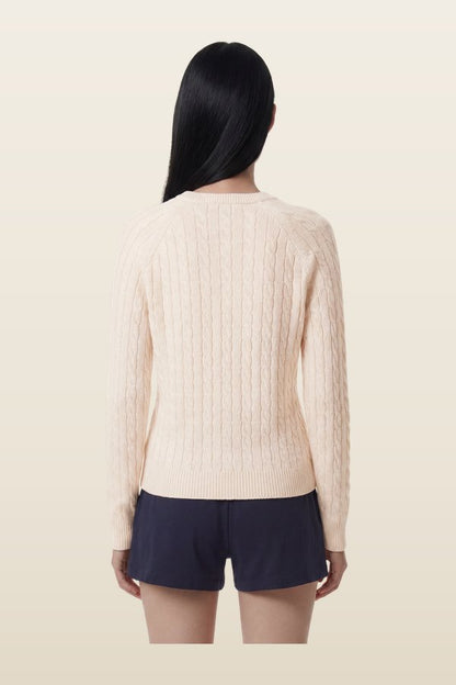 NY Crest V-Neck Cable Sweater — model back