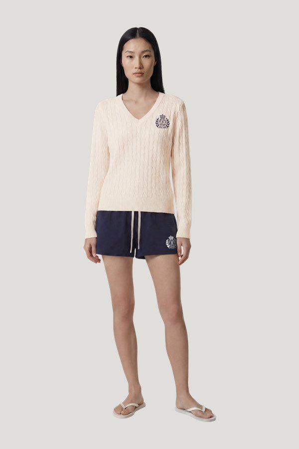NY Crest V-Neck Cable Sweater — model front
