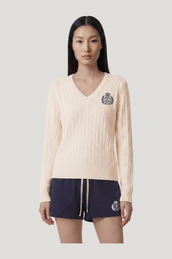 NY Crest V-Neck Cable Sweater — model side
