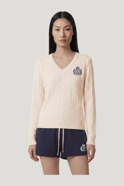 NY Crest V-Neck Cable Sweater — model side