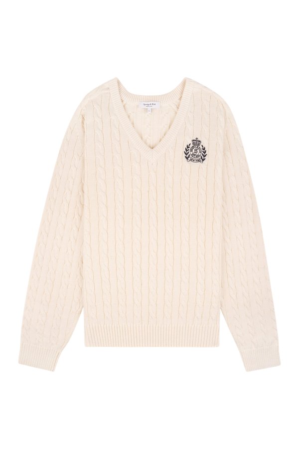 NY Crest V-Neck Cable Sweater — packshot