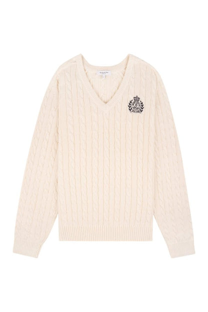 NY Crest V-Neck Cable Sweater — packshot