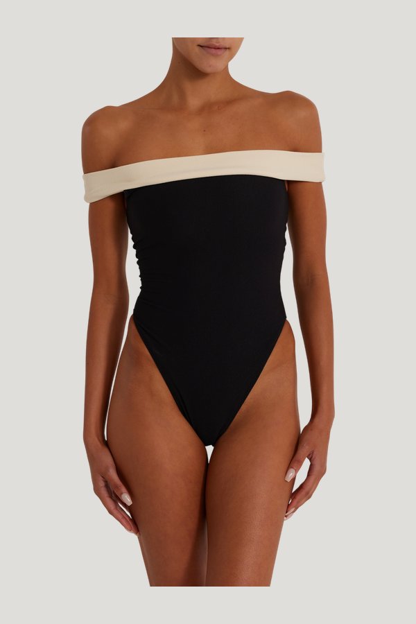 Off Shoulder One Piece (Faux Suede — model front