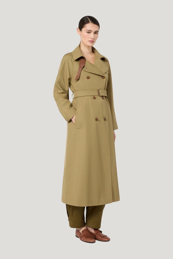 Water-repellent wool-blend gabardine trench coat - KAKI — model side