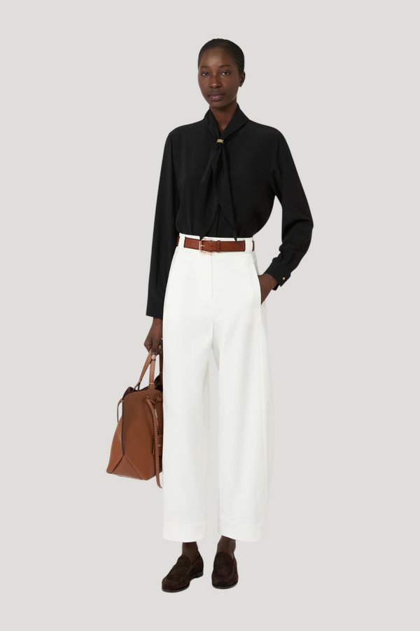 Silk shirt with scarf detail — model front