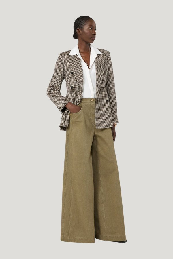 Coated cotton bull denim trousers - KAKI — model front