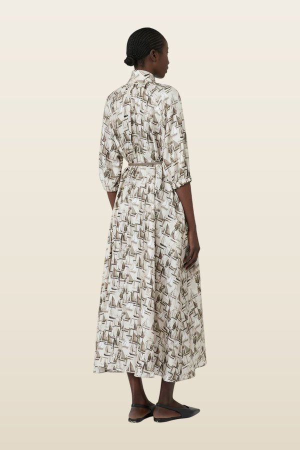 Printed silk dress - STONE — model back