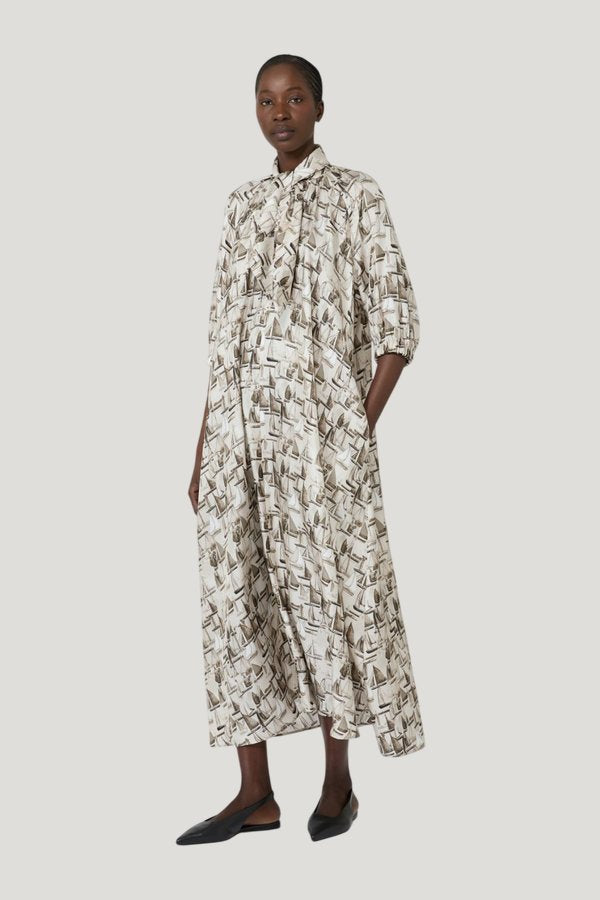 Printed silk dress - STONE — model front