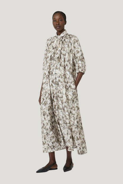 Printed silk dress - STONE — model front
