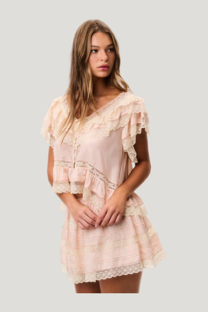 Persine Silk Ruffle Top - PETAL PEACH — model front