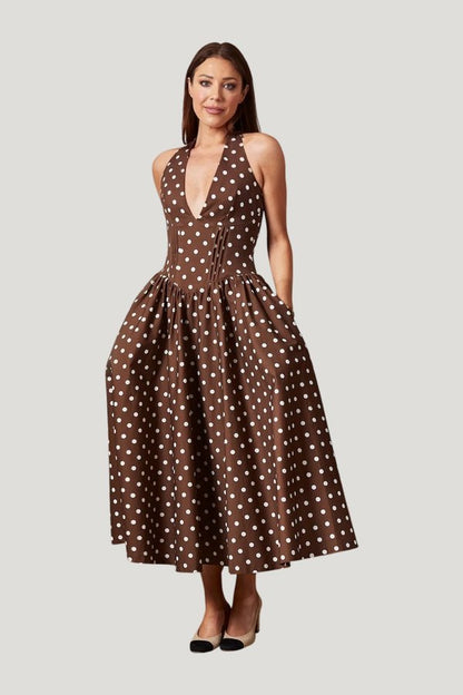 'Pretty Woman' Polka Dot Halter Neck Corset Midi Dress — model front