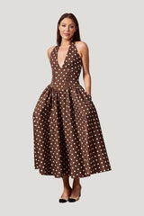 'Pretty Woman' Polka Dot Halter Neck Corset Midi Dress — model front