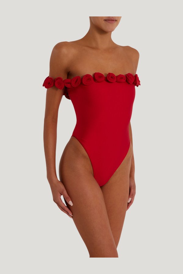 Rosette Off Shoulder One Piece (Scarlet — model side