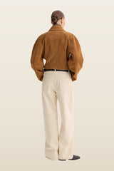 Rounded textured suede jacket | cognac — model back