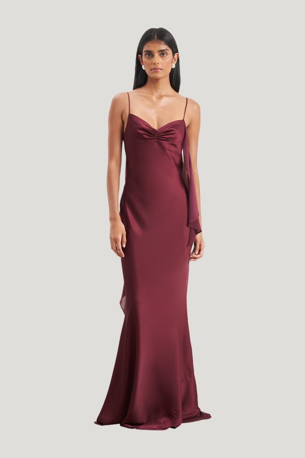 Ruched Bust Satin Slip Dress - Mulberry — model front