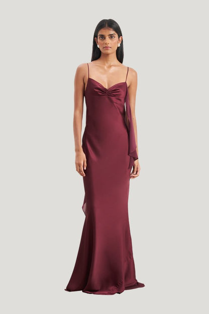 Ruched Bust Satin Slip Dress - Mulberry — model front