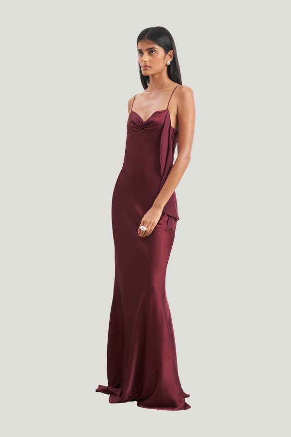 Ruched Bust Satin Slip Dress - Mulberry — model side
