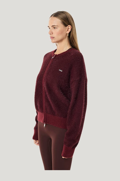Sable Knit Bomber In Mahogany — model side