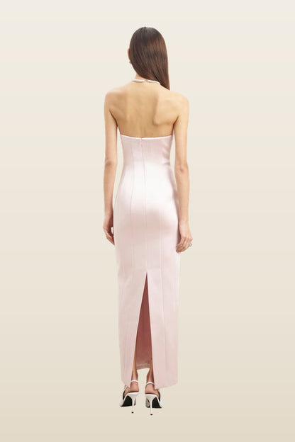 Satin Column Corset Maxi Dress — model back