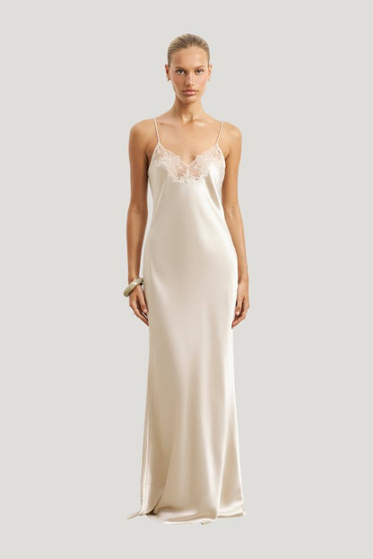 Satin Lace Detail Camisole Maxi Dress — model front