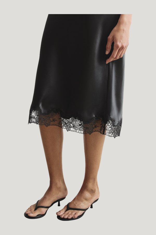 Satin Lace Detail Midi Skirt — model side