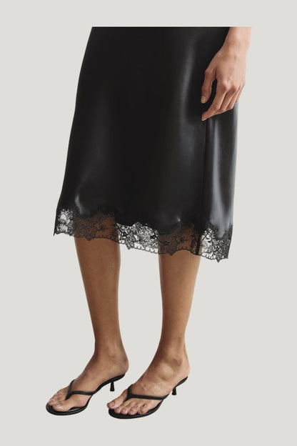 Satin Lace Detail Midi Skirt — model side