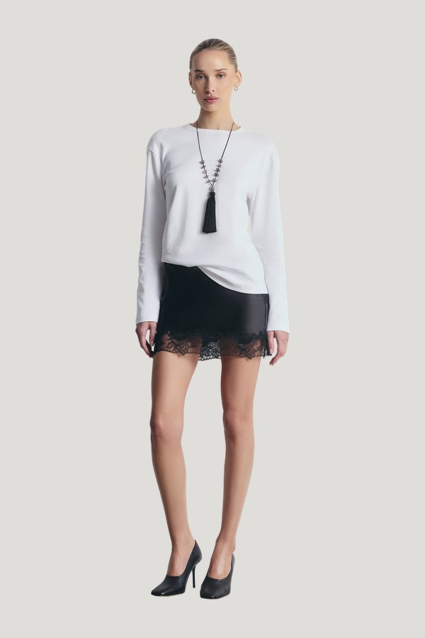 Satin Lace Detail Mini Skirt — model front